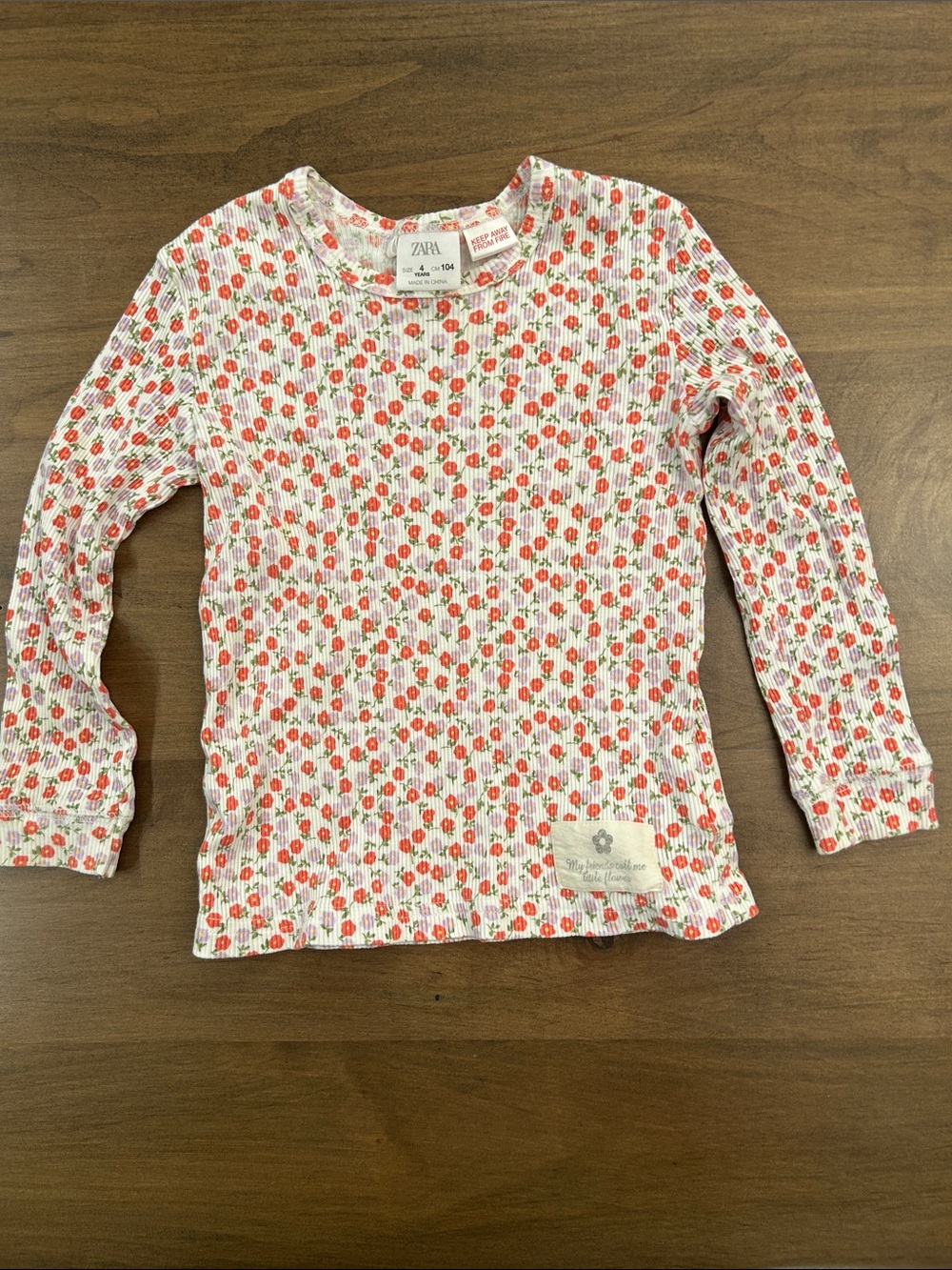 Zara White Long-Sleeve Ribbed Top with Pink Floral Print